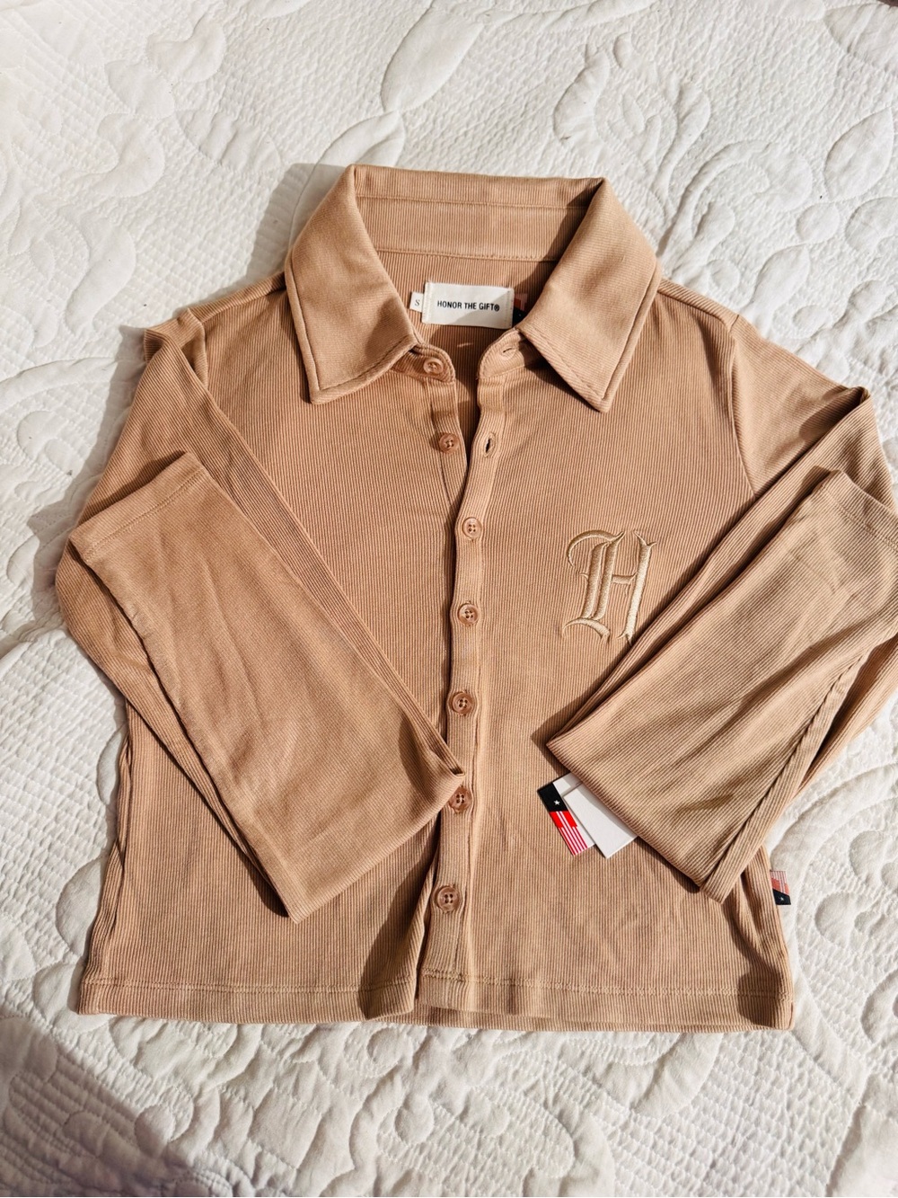 Honor The Gift Women's Beige Ribbed Button-Down Polo Shirt